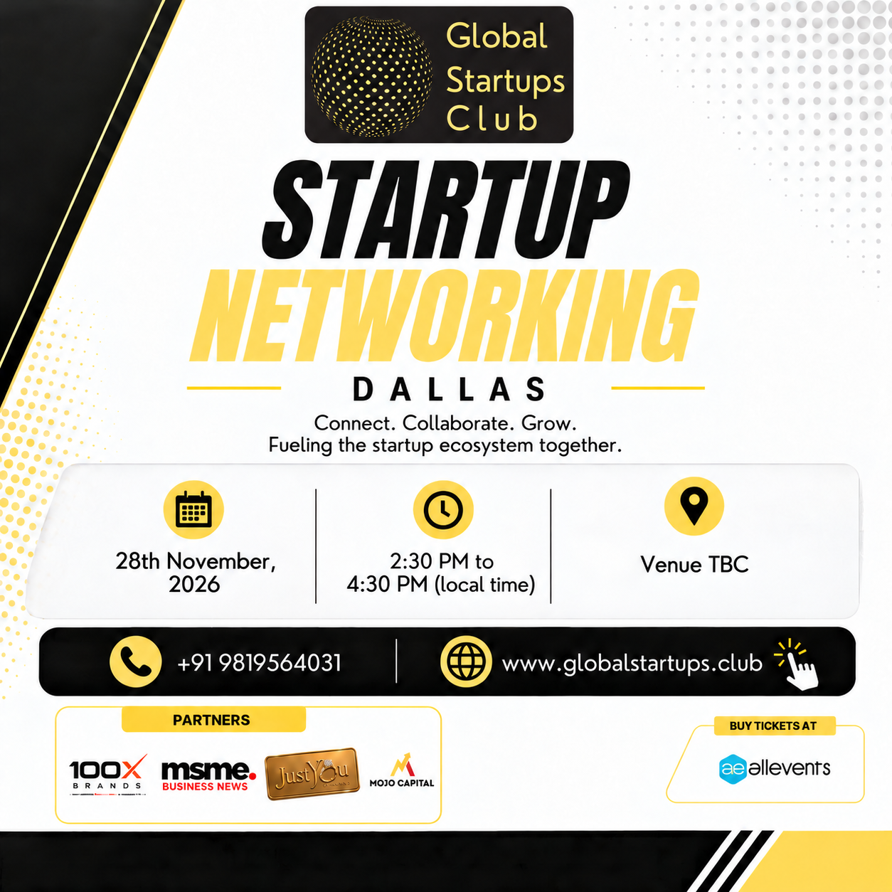 Dallas Startup Networking square flyer for Saturday, 28 November 2026